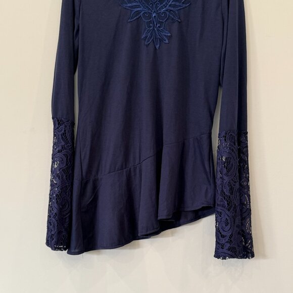Embellished Navy Asymmetrical Tunic Lace Long Sleeves Size Large - Picture 5 of 5